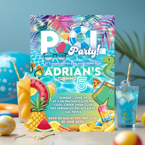 Editable Boy Pool Birthday Invitation, Pool Theme Party Invitations, Neon Glow Swim Party Canva Template, Summer Invite, Digital Download