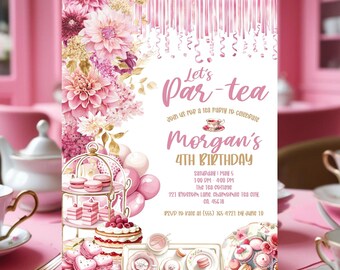 Par-Tea Birthday Invitation for Girl, Printable Tea Party Invite, Floral Tea Theme Birthday, Tea Party Birthday Invitation, Instant Download