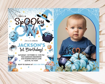 Bearbeitbare Halloween-Geist-Spooky One-Geburtstagseinladung mit Foto, Baby Blue Boy First Boo Day Party einladen, Kürbis Spooky One Download
