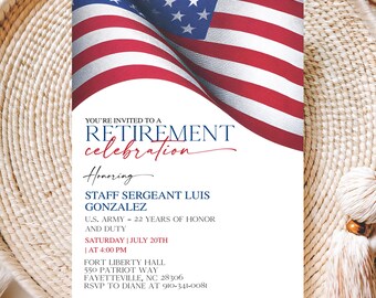 Honoring Service Retirement Invite, American Flag Retirement Party Template, Editable Military Navy Marine Army Air Force, Instant Download