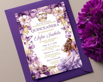 May include: Purple and gold Quinceañera invitation with a floral design and a crown. The invitation includes the text "MR. & MRS. MARTINEZ INVITE YOU TO CELEBRATE THE QUINCEAÑERA OF THEIR DAUGHTER Sofia Isabela" and details for the event.