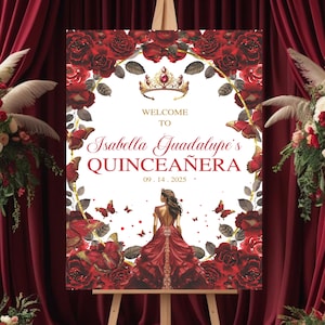 Red Rose Gold Crown Mis XV Guests Poster, Quinceañera Welcome Sign, Quinceañera Bienvenidos Welcome Sign, Editable Mis Quince Años Poster