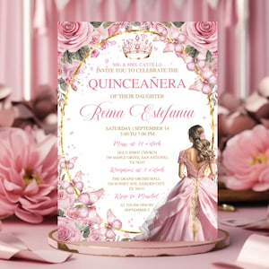 Editable Blush Pink Quinceañera, Rose Gold Tiara, Floral Butterfly, Mis Quince Anos, 15th Birthday Party Invite Template, Instant Download
