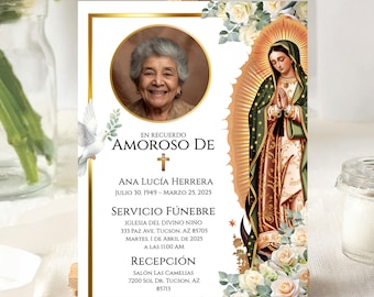 Modèle espagnol d'invitation aux funérailles, invitation commémorative catholique de la Virgen de Guadalupe, modifiable en souvenir des funérailles, obsèques Español