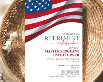 May include: A white invitation card with a waving American flag design. The text reads "Retirement Celebration" honoring Master Sergeant David Turner after 25 years of service in the U.S. Marines. Includes event details.