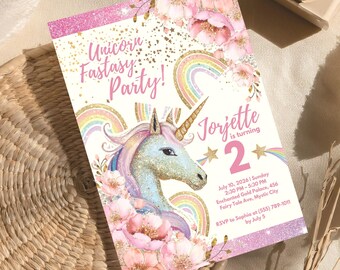 Personalized Purple Unicorn Birthday Invitation, Editable Digital Party Invite for Girls, Magical Theme, Unicorn Birthday Printable Template