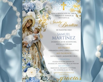 Blaue Jungfrau Maria Taufeinladung bearbeitbare Vorlage, Niño Bautizo Invitación Católica, Spanische Digital Canva Einladen, Mi Bautizo Tarjeta