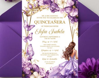 May include: Purple and gold quinceañera invitation with a floral design and a drawing of a girl in a purple dress. The text reads "MR. & MRS. MARTINEZ INVITE YOU TO CELEBRATE THE QUINCEAÑERA OF THEIR DAUGHTER Sofia Isabela SATURDAY SEPTEMBER 14 3:00 TO 7:00 PM Mass at 11 o'clock HOLY SPIRIT CHURCH 789 MAPLE GROVE, SAN ANTONIO, TX 78247 Reception at 1 o'clock THE GRAND ORCHID HALL 520 SUNSET AVE, GARDEN CITY, TX 78015 RSVP to [phone number] BY SEPTEMBER 5"