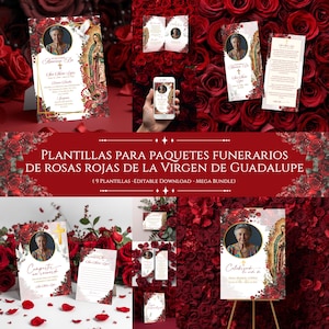 May include: A selection of funeral templates with red rose designs and religious motifs. The designs include memorial cards, invitations, and a smartphone mockup, all with a consistent floral and Marian theme. Text includes "Plantillas para Paquetes Funerarios de Rosas Rojas de la Virgen de Guadalupe".