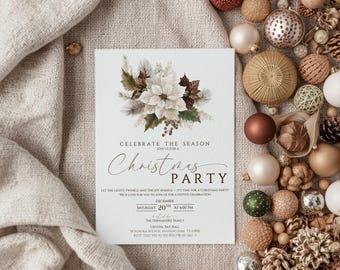 May include: A Christmas party invitation with floral accents. The invitation reads "Celebrate the Season" and "Christmas Party." The card is surrounded by Christmas ornaments in various colors and textures, including red, gold, and cream.