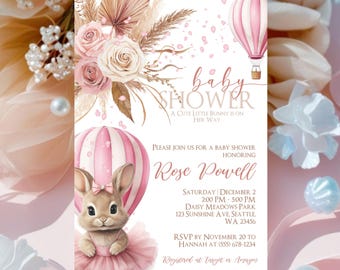 Girl Bunny Baby Shower Invite, Bunny and Flower Baby Shower, Easter Themed Baby Shower Invite, Baby Shower Invitation, Editable Bunny Baby