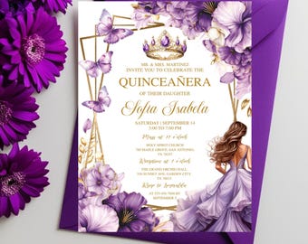 May include: Purple and gold Quinceañera invitation with a floral design and a crown. The invitation includes the text "MR. & MRS. MARTINEZ INVITE YOU TO CELEBRATE THE QUINCEAÑERA OF THEIR DAUGHTER Sofia Isabela" and details for the event.