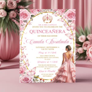 Editable Pink & Rose Gold Quince Party, Floral Mis Quince Anos, Sweet 16 Birthday Girl Tiara Invite, Invitaciones De Quinceañera Gratis