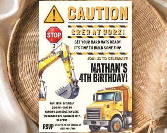 Construction Birthday Invitation Editable Canva Printable Template Dump Truck Party Invite Boy Outdoor Digital Excavator Modern Design