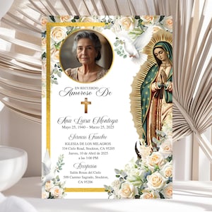 Op de afbeelding: Een Spaanse herdenkingskaart met een foto van een vrouw, bloemmotieven en tekst. Het ontwerp bevat een gouden rand, een kruis en een afbeelding van de Maagd Maria. Ter nagedachtenis aan Ana Luisa Montoya.
