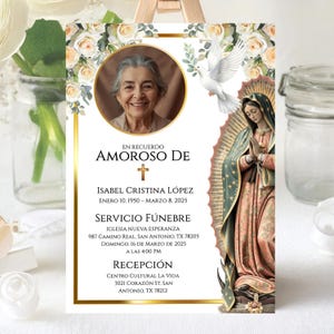 May include: A memorial card with a photo of a woman, floral accents, and text in Spanish. The card includes the dates January 10, 1950 - March 8, 2025, and details for a funeral service and reception in San Antonio, TX.
