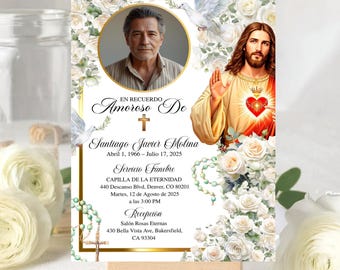 Spanish Funeral Card, Editable Catholic Funeral Invitation, En Memoria Amorosa, Jesus Christ Floral Memorial Invitation, Funeral Invitation