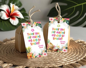 Hawaiian Aloha Thank You Tag Editable, Pineapple Tropical Luau Party Favor Tag, Hawaiian Summer Birthday Gift Tags, Instant Download CPC003