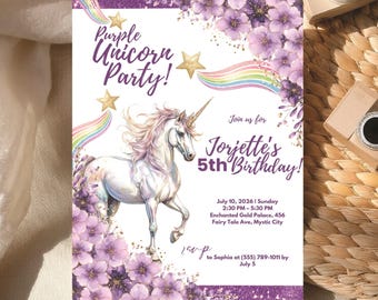 Personalized Purple Unicorn Birthday Invitation, Editable Party Invite for Girls | Digital Download, Magical Theme, Printable Template