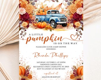 Little Pumpkin Baby Shower Invitation, Gender Neutral Fall Baby Shower Invite, Editable Autumn Truck Pumpkin Shower, Canva Template Download