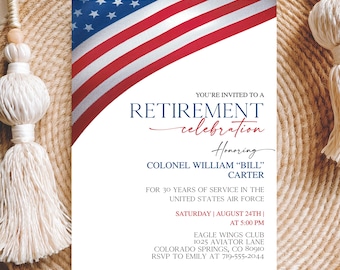 American Flag Retirement Party Invitation Template, Military Retirement Invite, US Navy Marines Army Air Force Police Digital Download Canva