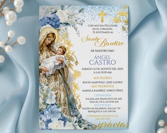 Editable Virgen Mary Bautizo Invitation, Niño Azul Digital Template, Mi Bautizo Invitación en Español, Blue Christening Invite for Boy