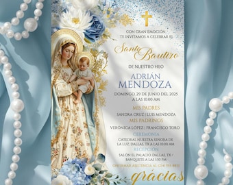 Niño Azul Bautizo Jungfru Maria Inbjudan Redigerbar mall, Canva Digital Spansk dopinbjudan, Mi Bautizo Tarjeta en Español Catholic