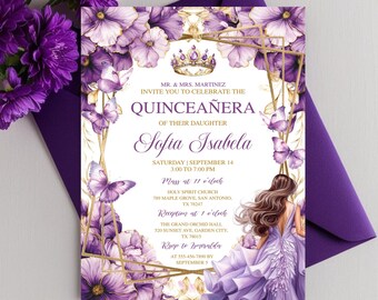 May include: Purple and gold Quinceañera invitation with a floral design and a crown. The invitation includes the text "MR. & MRS. MARTINEZ INVITE YOU TO CELEBRATE THE QUINCEAÑERA OF THEIR DAUGHTER Sofia Isabela" and details for the event.