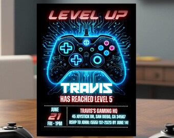 Redigerbar Level Up-födelsedagsinbjudan, inbjudan till videospelsfest, gamertema, redigerbar digital nedladdning, spelfest, pojkars födelsedagsinbjudan