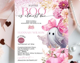 Rosa Geist-Halloween-Babyparty-Einladung, bearbeitbare kleine Boo ist fast fällige Einladung, gruselige süße Mädchen-Babyparty Digital, Canva-Vorlage