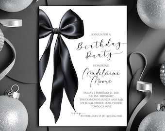 Minimalistische zwarte strik & witte verjaardagsuitnodiging, bewerkbare digitale uitnodiging, elegante 30e 40e 50e partij, coquette Ribbon Canva-sjabloon