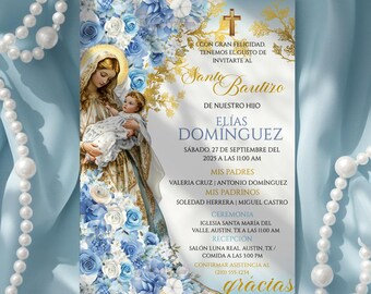 Blaue Jungfrau Maria Taufeinladungsvorlage, bearbeitbare Junge Taufe Canva einladen, digitale Bautizo Tarjeta, Mi Bautizo Invitación Español
