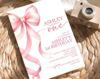 Pink Bow 1st Birthday Invitation Girl, Editable Digital Template, Printable First Birthday Invite, Coquette Bow Birthday, Instant Download