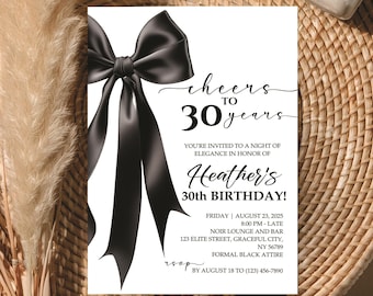 Bewerkbare zwarte strik 30e verjaardagsuitnodiging, minimalistische zwarte lint coquette uitnodiging, digitale canvassjabloon, elegant feest, zwarte strik