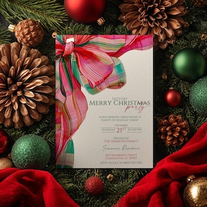 May include: A Christmas party invitation with the text "Let's Get Merry Christmas Party". The invitation features a colourful plaid bow and is surrounded by Christmas baubles, pine cones, and greenery.