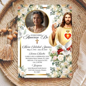 May include: A memorial card with a portrait of a woman, surrounded by white roses and greenery. The card features text in Spanish, including the name "Maria Soledad Jiménez" and service details. A depiction of Jesus is on the right.