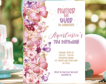 Bearbeitbare Schmetterlings-Geburtstags-Einladung, bearbeitbare rosa lila Schmetterlings-Geburtstags-Einladung, Flutter Girl Party einladen, rosa lila Blumen