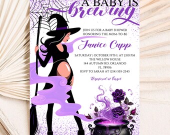May include: A Halloween-themed baby shower invitation with a witch illustration. The invitation features a pregnant witch in a black dress and hat, holding a broom. The text reads "A Baby is Brewing" and includes event details.