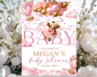 Bearbeitbares Mädchen-Babyparty-Willkommensschild, können wir kaum warten Rosa Teddybär-Ballonplakat-Zeichen, rosa Boho-Bär-Duschedekor Digitaler Download