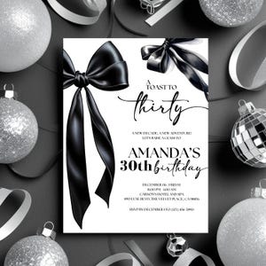 Faire-part 30e anniversaire avec noeud noir, invitation à une fête adulte classique et élégant, élégant, noir et blanc, carte de fête avec noeud noir, téléchargement numérique
