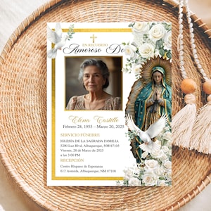 May include: A memorial card featuring a portrait of a woman, with gold borders and floral decorations. The card includes the text "En Recuerdo Amoroso De" and details of a funeral service, including the name Elena Castillo, dates, and location.