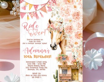 May include: A custom invitation with a watercolor illustration of a horse adorned with flowers. The invitation reads "Ride on Over!" and includes event details for Adriana's 10th birthday, including date, time, and location.