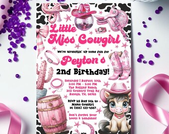 Little Miss Cowgirl Birthday Invitation, Pink Disco Rodeo Party Invite, Space Cowgirl Invitation, Editable Canva Template, Digital Download