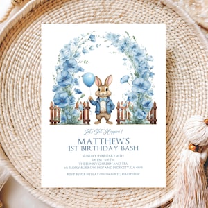 Invito digitale per il compleanno di Peter Rabbit, inviti per la festa del 1° compleanno di Flopsy, invito per il compleanno di Peter Rabbit, Peter Rabbit modificabile