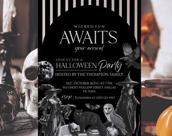 Vintage Halloween Digital Invitation, Wicked Fun Awaits Your Arrival, Halloween Invitations Canva, Printable Halloween Adult Party Template