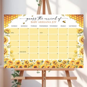Bearbeitbarer Bienen-Babyparty-Fälligkeitsdatumskalender, Errate die Ankunft des Babys, Mama zu Bienen-Schild, Bienen-Babypartyplakat, Sonnenblumenthema CPC002