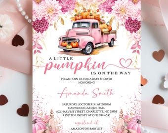 Editable Pumpkin Truck Baby Shower Invitation, A Little Pumpkin Girl Fall Baby Shower Invite, Pink Pumpkin Autumn Template Instant Download