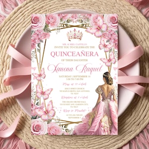 Pink and Rose Gold Quinceañera Invite, Editable Butterfly, Floral, Mis Quince Anos, Sweet 16 Birthday Girl Tiara, Girl 15th Birthday Party