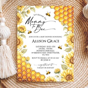 Invitación para baby shower de mamá a abeja, plantilla digital editable de abeja y girasol, descarga instantánea CPC002