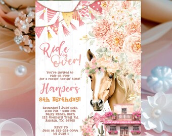 Plantilla editable de invitación de cumpleaños de vaquera, invitación de fiesta vaquera con caballo, plantilla editable de invitación de cumpleaños floral rosa, cumpleaños de rodeo para niña
